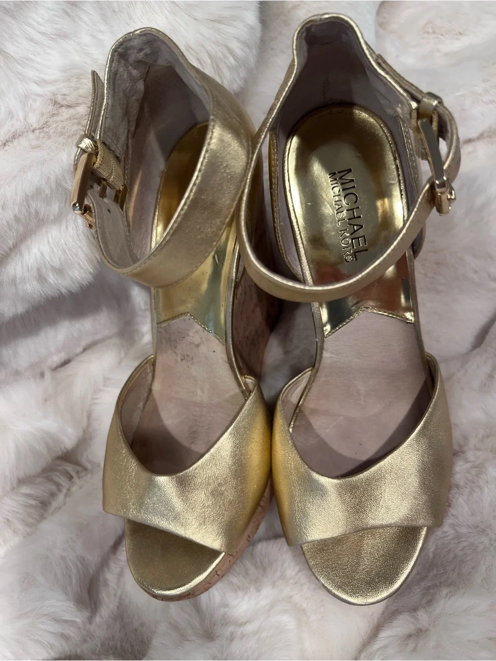 Michael Kors Metallic Gold Cork Wedge Sandals with Ankle Strap